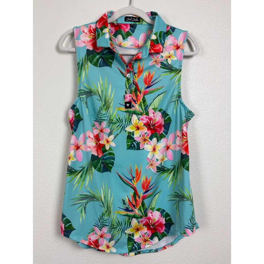 Bad Birdie Womens Sleeveless Golf Polo Shirt XL Tropical Floral Blue Teal Resort